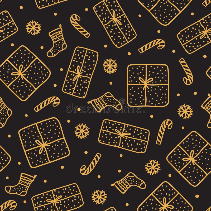 Hand drawn gold Christmas seamless pattern. Gift box and sock, candy cane isolated on dark background. Design texture holiday.