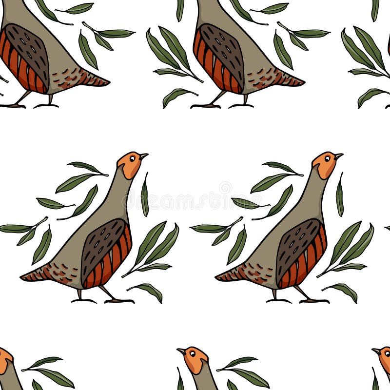 Hand drawn graceful grey partridges pattern vector illustration