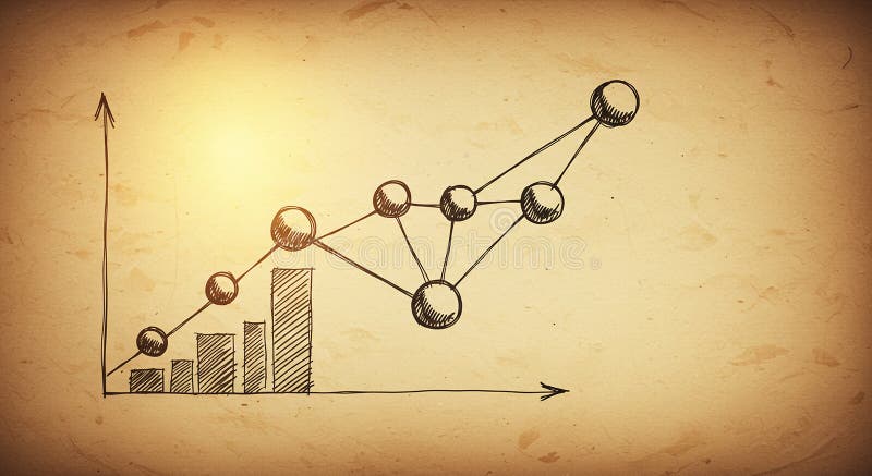 Hand-drawn graph on aged paper features a bar chart with ascending bars and a vector illustration