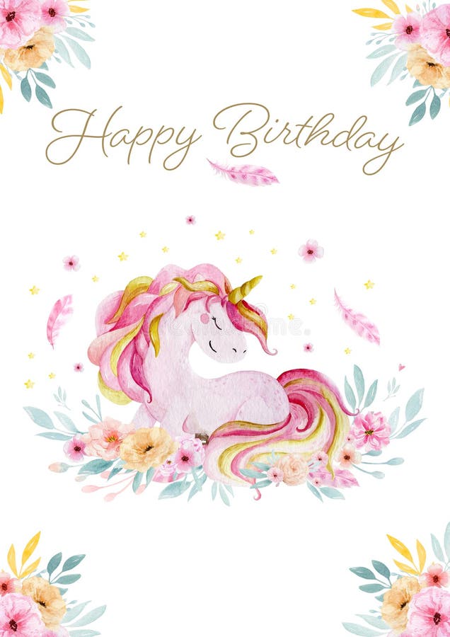 Hand Drawn Greeting Card White Cute Watercolor Unicorn and Flowers ...