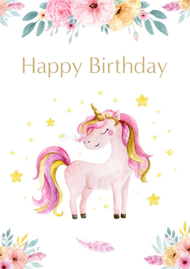 Hand Drawn Greeting Card White Cute Watercolor Unicorn and Flowers ...