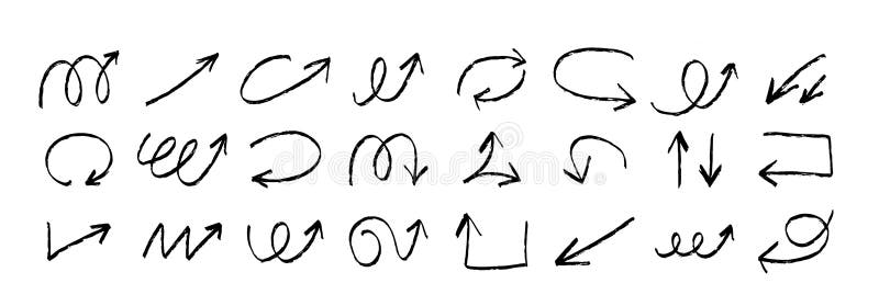 Hand drawn grunge ink textured arrows sketch set. Various different pointers collection isolated on white background royalty free illustration