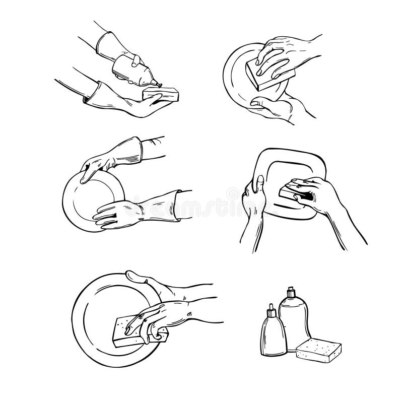 Hands Washing Dishes. Sketch Illustration Stock Vector Illustration