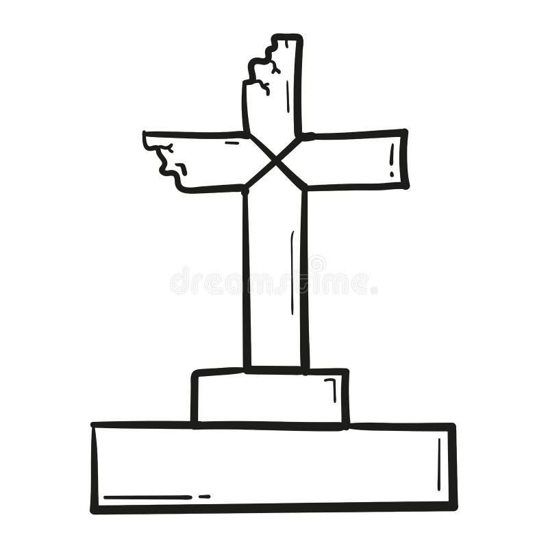 Hand Drawn Headstone with Cross Icon in Doodle Style Isolated Stock