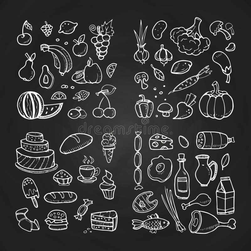 Hand drawn healhty and fast food. Doodle vegetables, fruits, desserts, meat and diary products