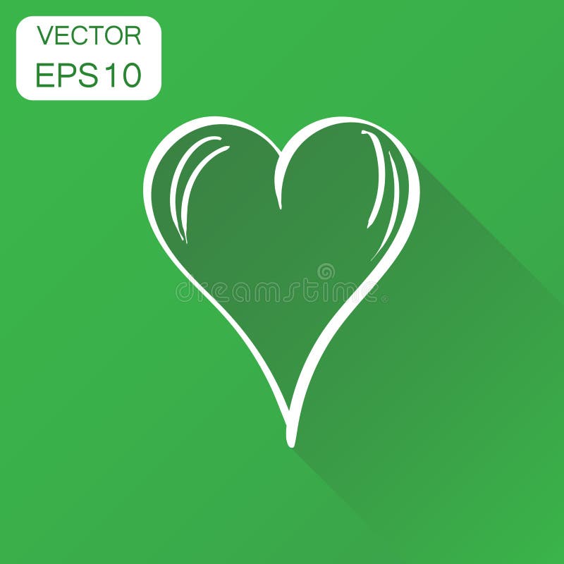 Hand drawn heart icon. Business concept love heart sketch pictogram. Vector illustration on green background with long shadow.