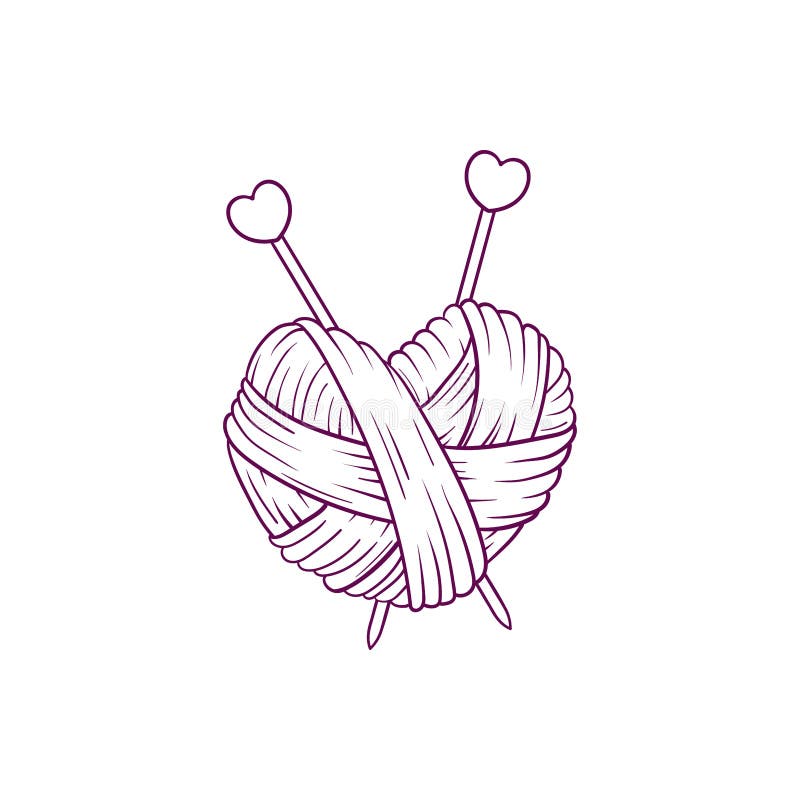 Hand Drawn Heart Shape Skein of Yarn with Knitting Needles in Doodle ...