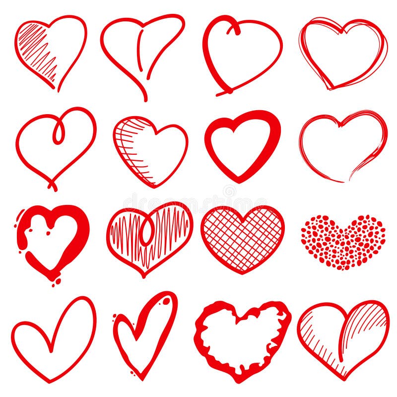 Hand drawn heart shapes, romance love doodle vector signs for holiday decor