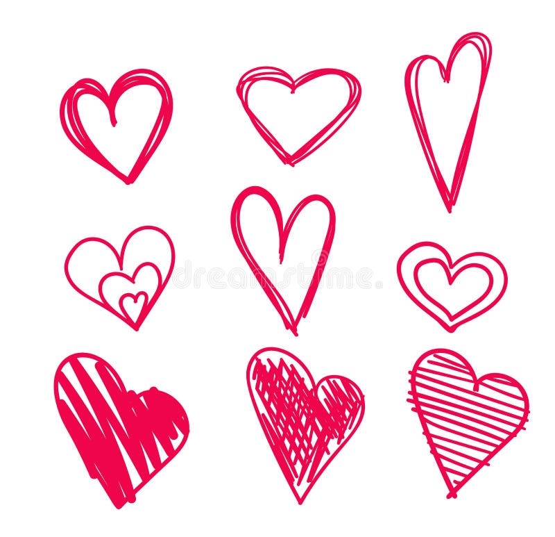 Hand drawn hearts set isolated. Design elements for Valentine`s day. Collection of doodle sketch hearts hand drawn with vector illustration