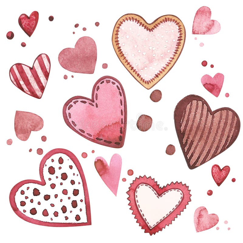 Hand Drawn Hearts. Watercolor Pink Set of Elements for Valentine`s Day.  Scrapbook Design Elements Stock Illustration - Illustration of holiday,  love: 107443592