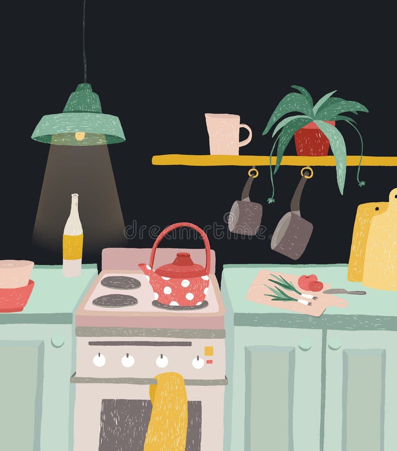 Hand drawn home cooking in cartoon style. Colorful doodle kitchen interior with kitchenware, kettle, oven, stove vector illustration