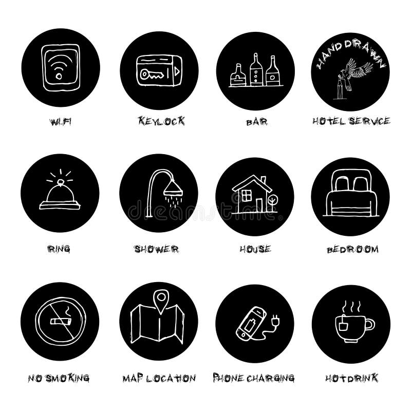 Hand Drawn Hotel Accommodation Amenities Services Icons Set. Stock ...