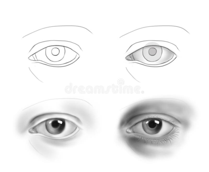 Hand-drawn human eye - step by step drawing guide concept series stock image Hand-drawn human eye - step by step drawing guide concept series stock image