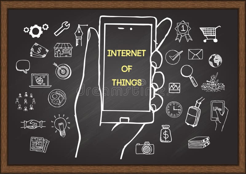 Hand drawn icons of internet of things, mobile marketing or digital marketing concept on chalkboard royalty free illustration