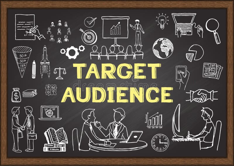 Hand drawn icons about Target audience on chalkboard vector illustration