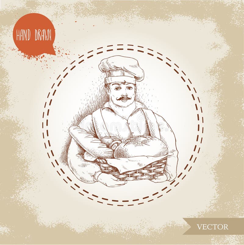 Hand drawn illustration of baker with baker basket of fresh bread. vector illustration