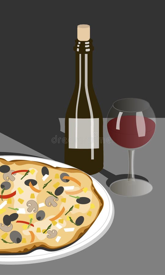 Hand Drawn Illustration Bottle of Wine and Pizza Stock Illustration ...