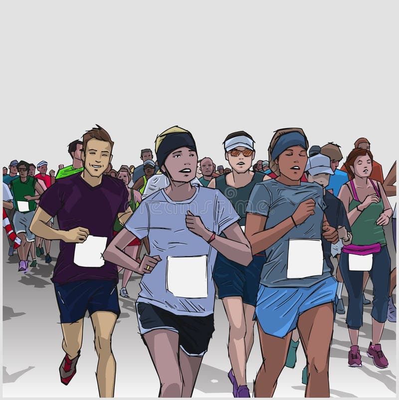 Hand drawn illustration of cheerful crowd running marathon with blank signs vector illustration Hand drawn illustration of cheerful crowd running marathon with blank signs vector illustration