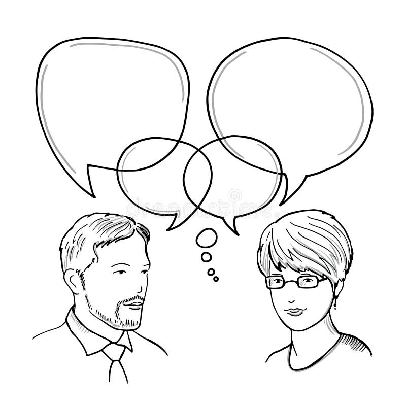 Hand drawn illustration of dialog between man and woman. 