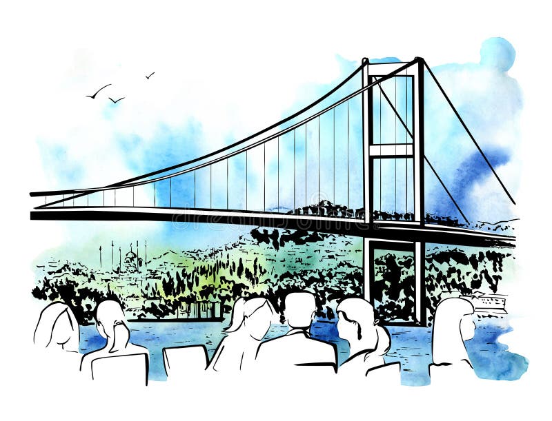 Vector hand drawn illustration with Istanbul bridge