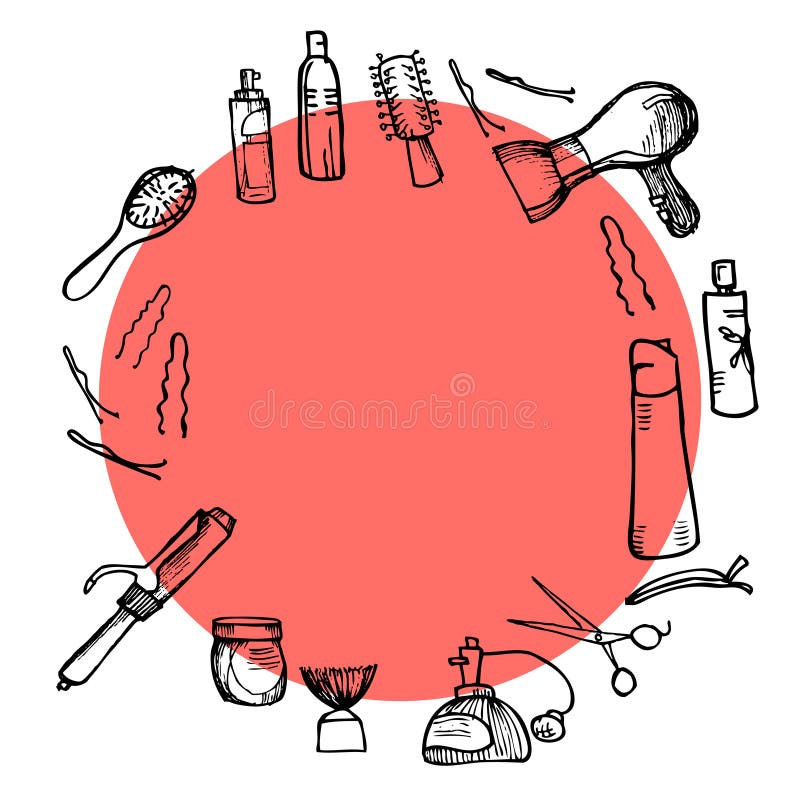 Hand drawn illustration - Hairdressing tools (scissors, combs, styling) royalty free illustration Hand drawn illustration - Hairdressing tools (scissors, combs, styling) royalty free illustration