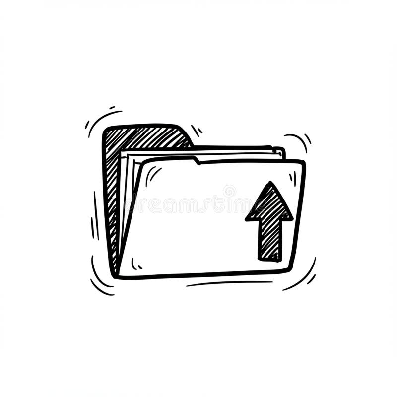 Hand-drawn illustration of an open file folder with an upward-pointing arrow on the stock illustration