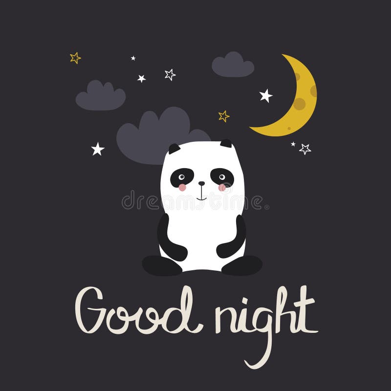 Hand Drawn Illustration, Happy Panda, Moon, Stars, English Text. Good ...