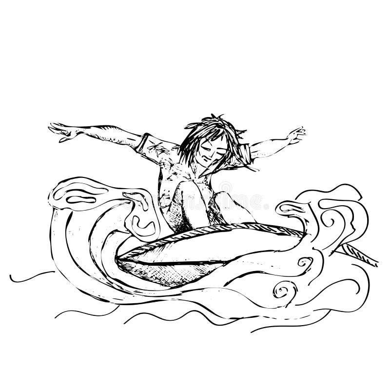 Hand drawn illustration. Surfer. Sketch. stock illustration
