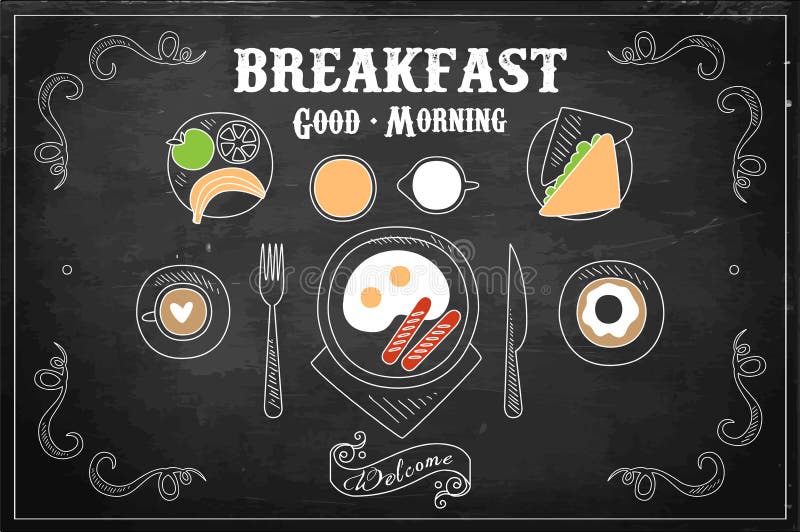 Hand drawn vector illustration of tasty breakfast on black chalkboard. Eggs with sausages, sweet donut, coffee cup