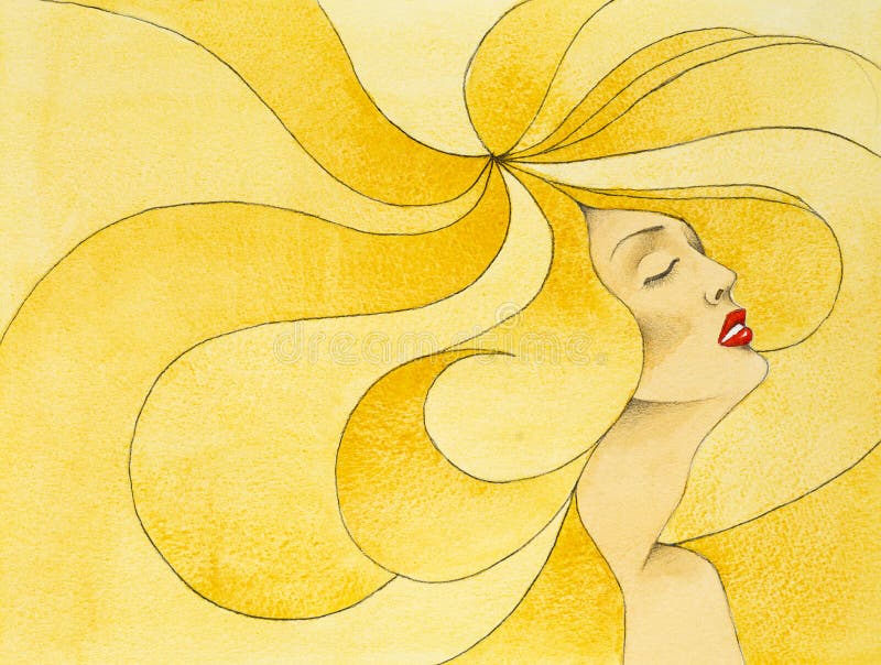 Hand drawn illustration woman, big blonde hair