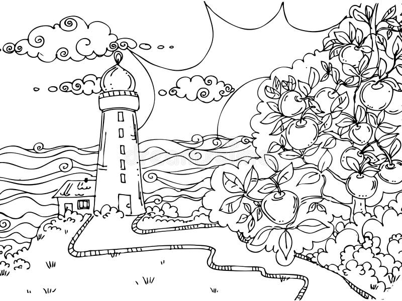 Hand drawn ink doodle lighthouse, sun, apples, clouds, sea on white background. design for adults, poster, print. sketch