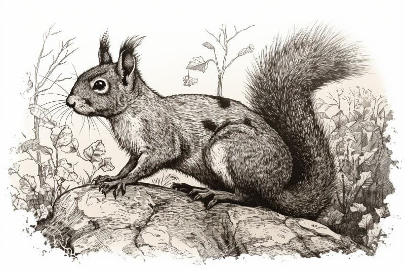 Hand Drawn Ink Illustration of a Squirrel in Its Natural Habitat ...