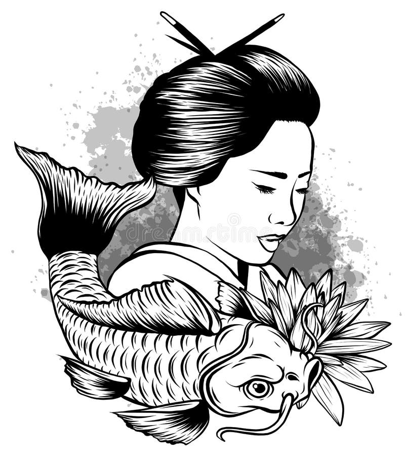 Hand Drawn Koi Fish with Flower Tattoo for Arm.Colorful Koi Carp with ...