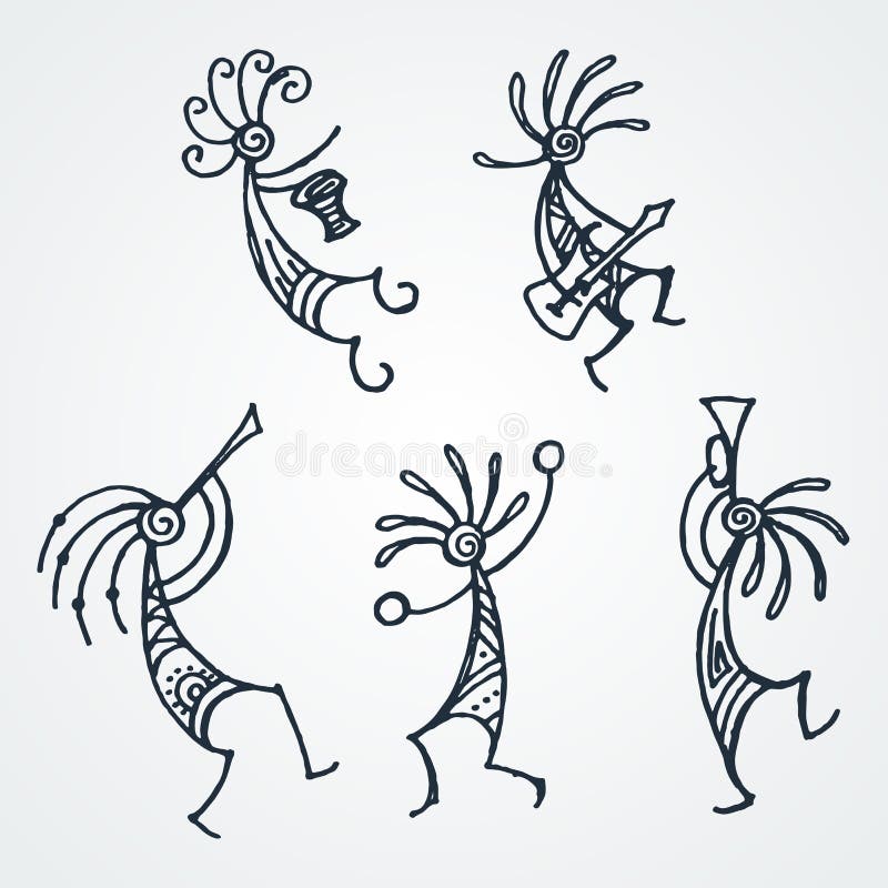 Hand Drawn Kokopelli Figures. Stylized Mythical Characters Playing ...