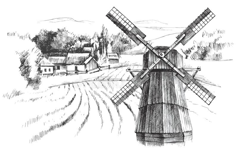 Hand drawn landscape with mill