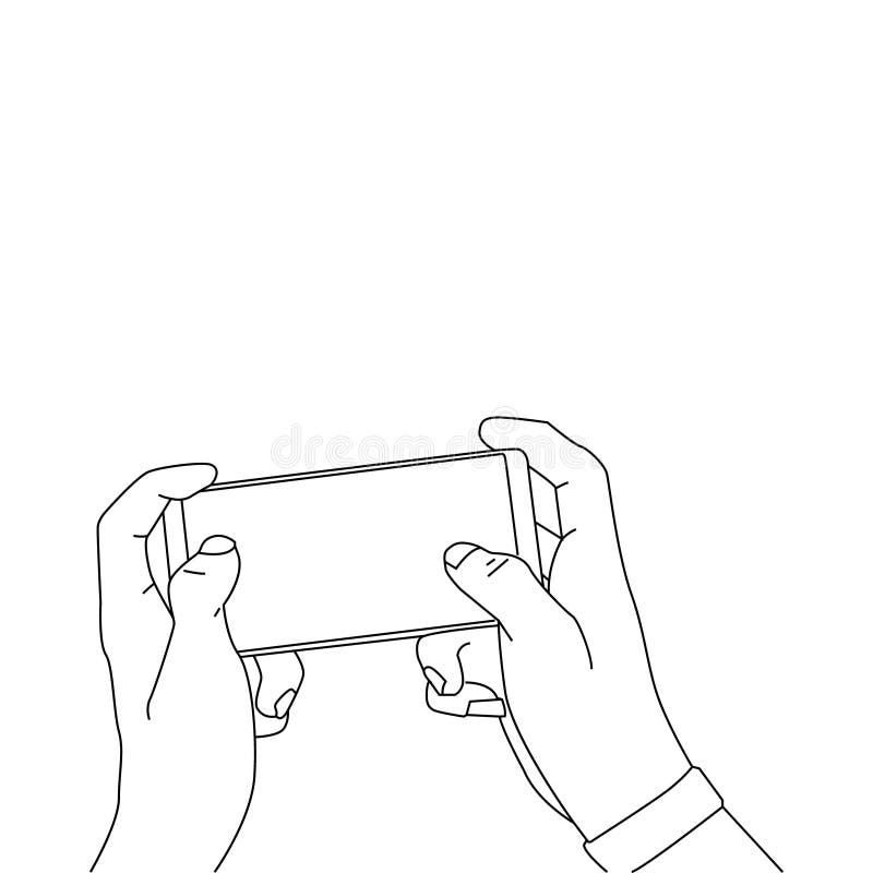 Hand drawn line art design people playing game mobile vector illustration