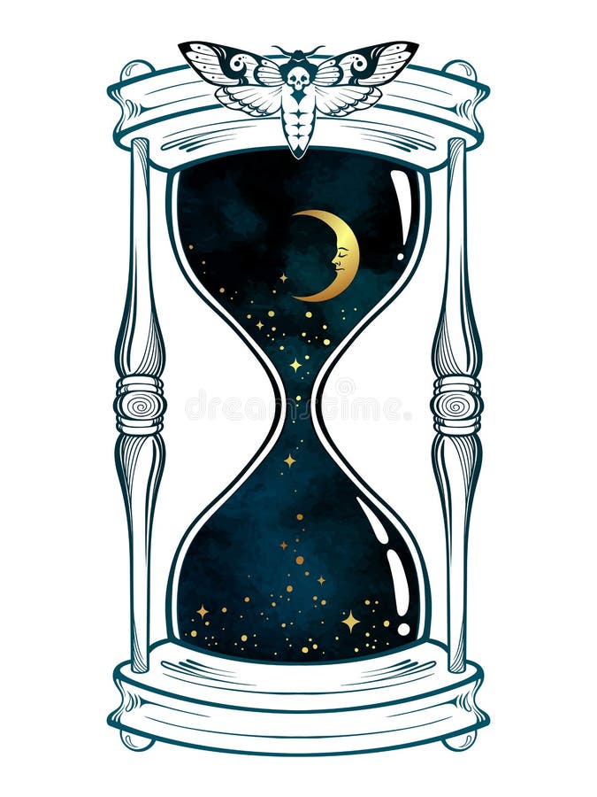 Hand drawn line art hourglass with moon and stars isolated boho sticker, print or blackwork tattoo design vector illustration