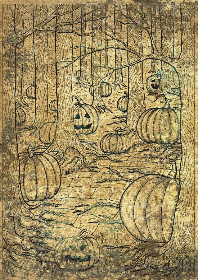 Hand drawn line art illustration with path or trailway, scary pumpkin head and lanterns hiding behind the  gloomy trees in dark