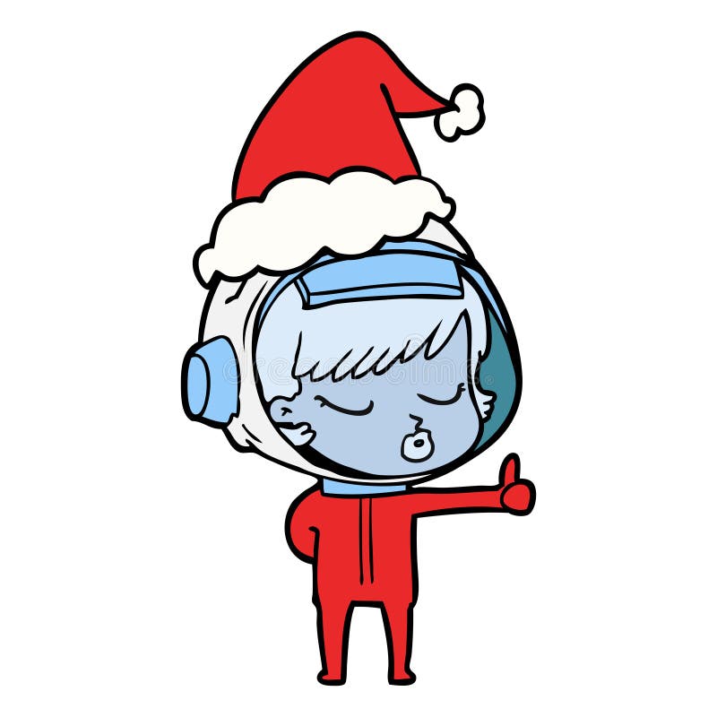 hand drawn line drawing of a pretty astronaut girl giving thumbs up wearing santa hat