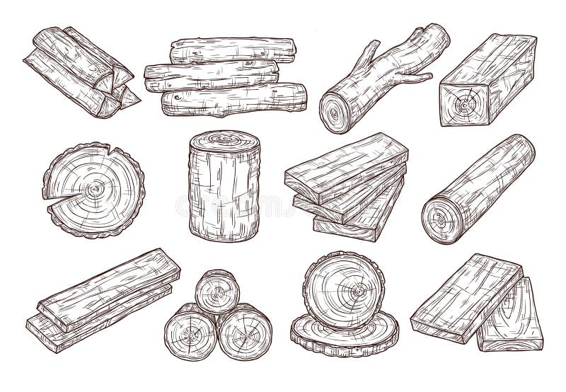 Hand drawn lumber. Sketch wood logs, trunk and planks. Stacked tree branches, forestry construction material vintage