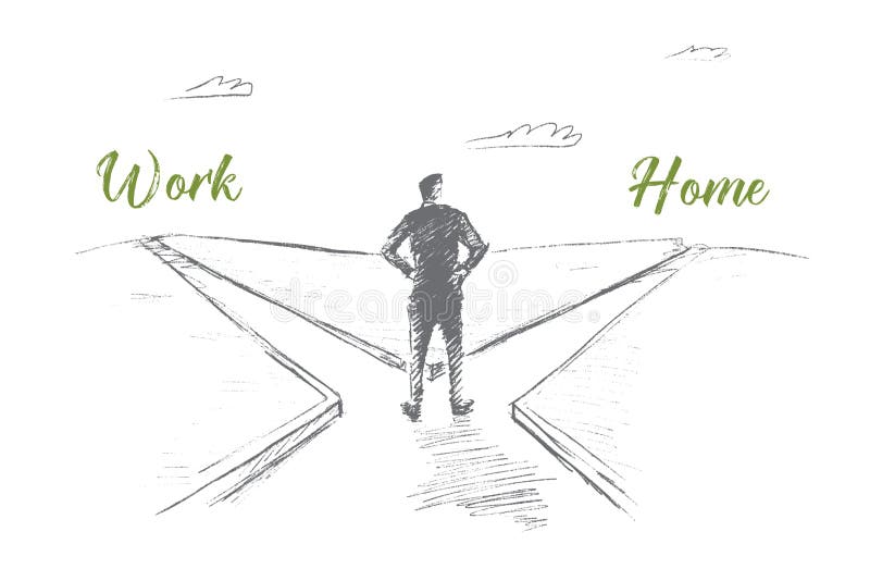 Hand drawn man choosing between work and home royalty free illustration Hand drawn man choosing between work and home royalty free illustration