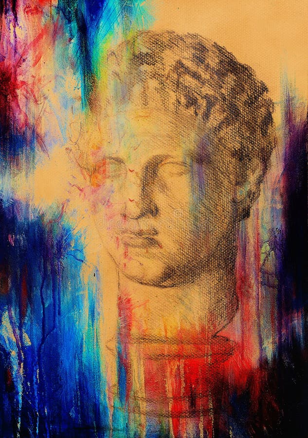 Hand Drawn Man Head, Gypsum Bust Drawn. Rome Empire Man. Stock