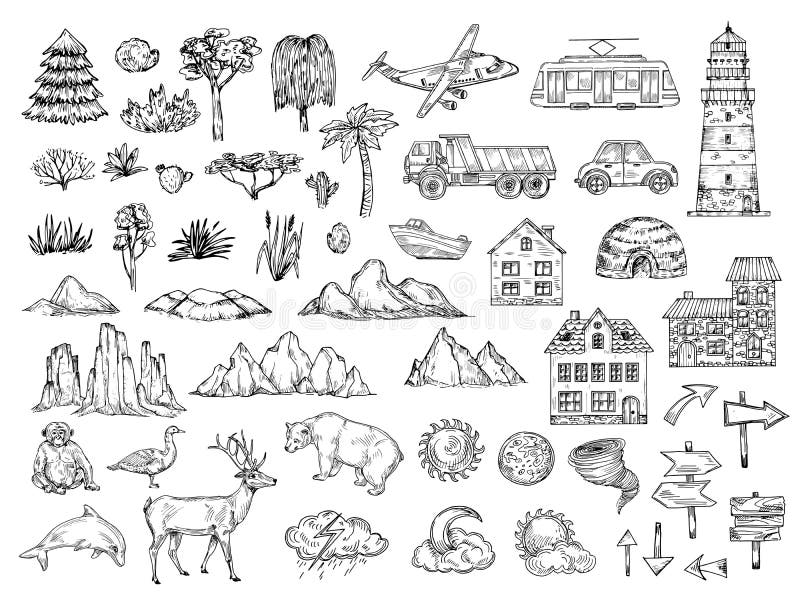 Hand drawn map elements. Sketch hill mountain, tree and bush, buildings and clouds. Vintage engraving vector symbols for