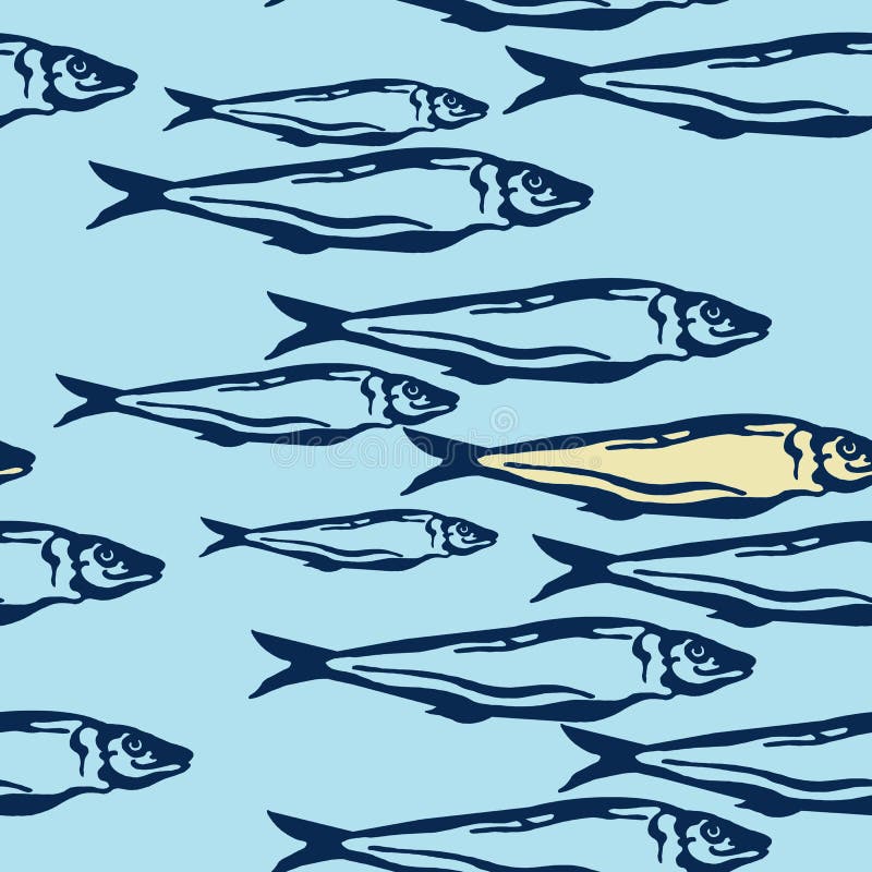 Hand drawn marine seamless pattern blue and yellow color a group of Atlantic mackerel fish on light blue background. stock illustration Hand drawn marine seamless pattern blue and yellow color a group of Atlantic mackerel fish on light blue background. stock illustration