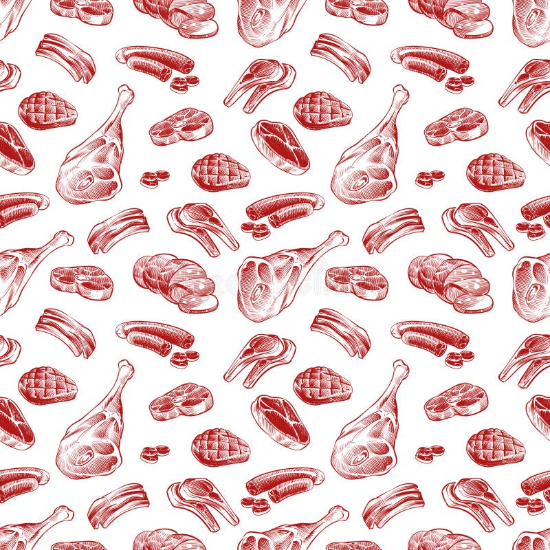 Hand drawn meat, steak, beef and pork, lamb grill sausage seamless pattern