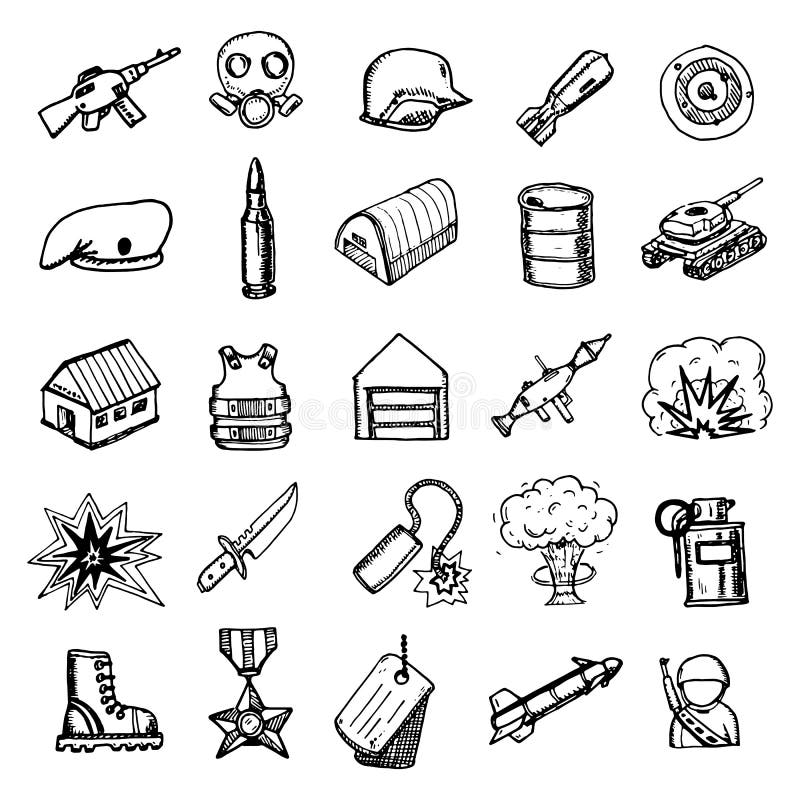 Hand drawing styles for Military items. Soldier doodle. Stock Vector