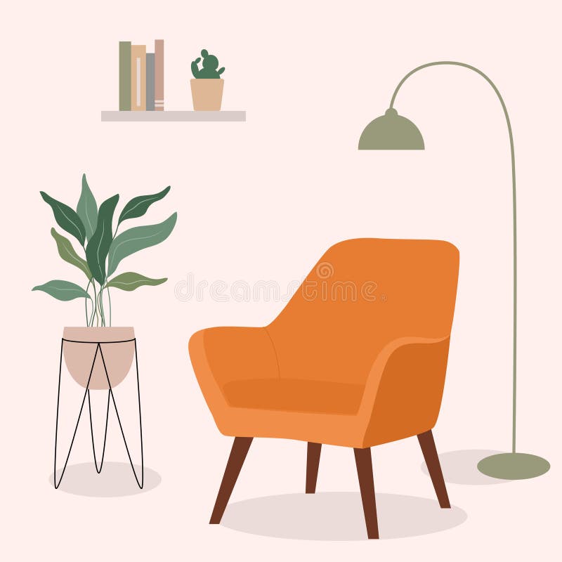 Hand drawn of minimalistic mid century interior