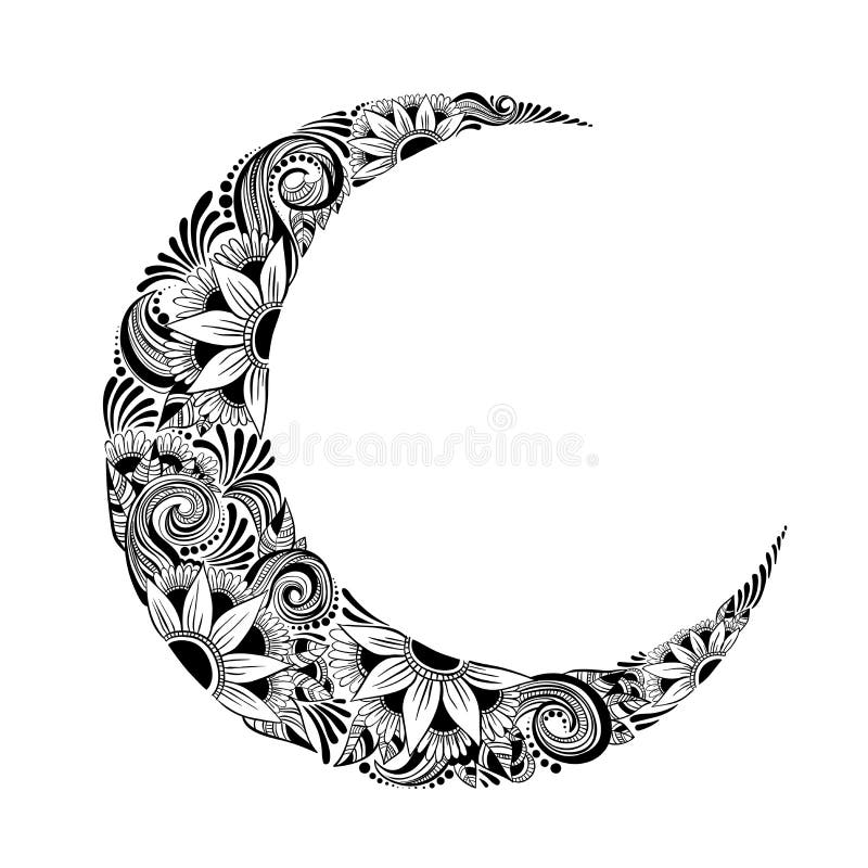 Hand Drawn Moon with Flowers. Black and White Floral Pattern. Card for ...