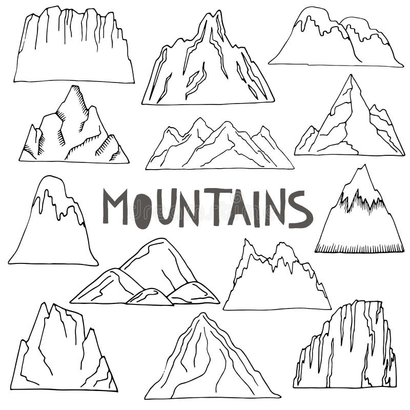 Hand drawn mountains set stock vector. Illustration of silhouette