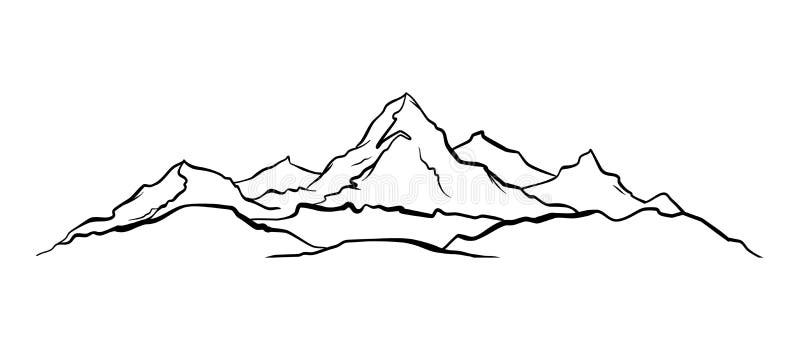 Hand drawn Mountains sketch landscape with hills and peaks.